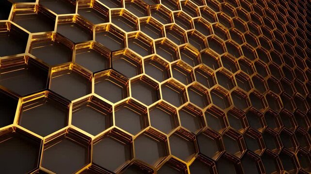Detailed Honeycomb Pattern with Golden Glow, Intricate honeycomb pattern radiating a warm golden glow