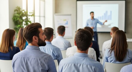 Obraz premium Business professionals attentively listening to presentation in modern conference room