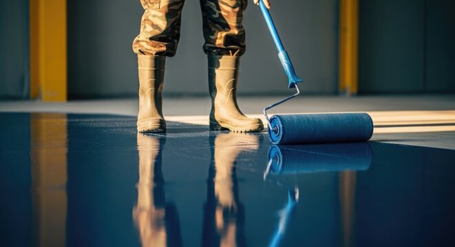 A person applying blue paint to a floor with a roller