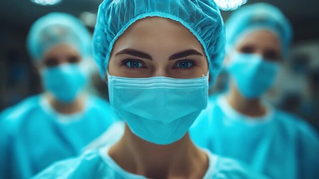 Focused Compassion: A determined medical professional looks directly at the viewer, masked and capped in a sterile environment, flanked by colleagues, symbolizing unwavering dedication. 