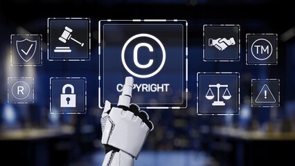 A robotic hand interacts with digital icons representing copyright and intellectual property in a...