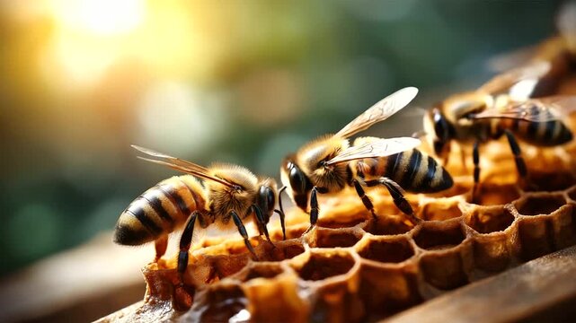 Close-up of bees on honeycomb in beehive, apiary insect activity, natural honey production detail, pollinator scene, with copy space