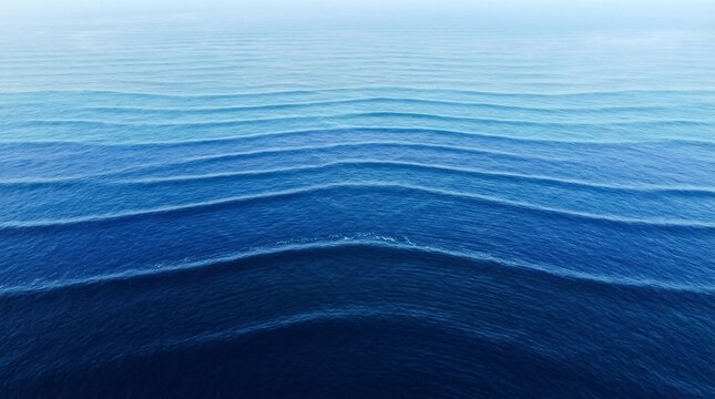 Aerial view captures parallel lines of deep blue ocean swells receding toward a pale horizon line.