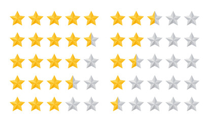 5 star rate. Five review icons. Yellow gray feedback rating signs. Satisfaction golden mark. Product evaluation rank isolated on white background. Appraisal system quality. Vector illustration.