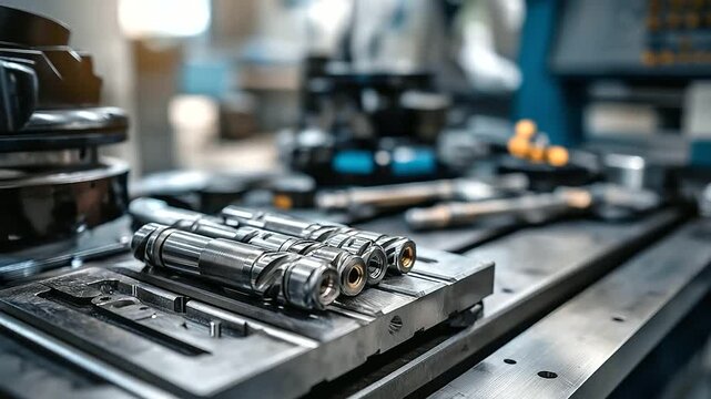 Close-up of precision metal tools in workshop, engineering instruments detail, manufacturing equipment arrangement, with copy space