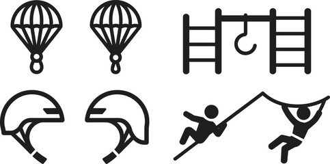Adventure outdoor activity icons collection featuring parachute, zipline, helmet, and monkey bar symbols. Vector black silhouette set for recreation, safety, sports, and adventure design projects. © MrsAnoawra
