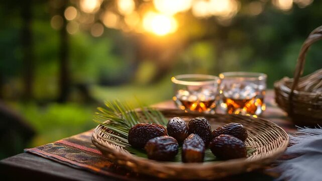 Dates and water traditional meal at sunset, iftar breaking fast, spiritual nourishment ritual, religious food tradition, twilight meal setting, defocused sunset backdrop, with