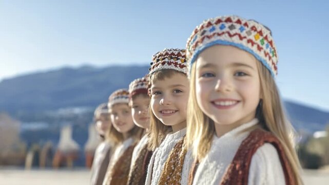 Harmony of Smiles: A line of children, adorned in vibrant traditional attire, radiates warmth, joy, and cultural pride under the bright sunlight. Capturing the spirit of unity and heritage.