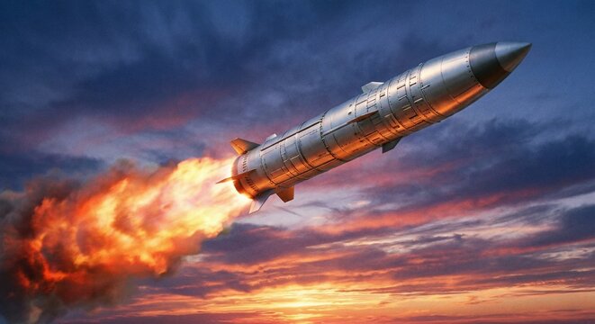 Sleek Silver Missile in Mid-Flight with Fiery Exhaust Plume Against Dramatic Sunset Sky, Low-Angle Ascent View, Intense Military Power and Speed