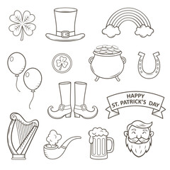St. Patrick's Day  vector icon set with shamrock, leprechaun, pot of gold and Irish symbols