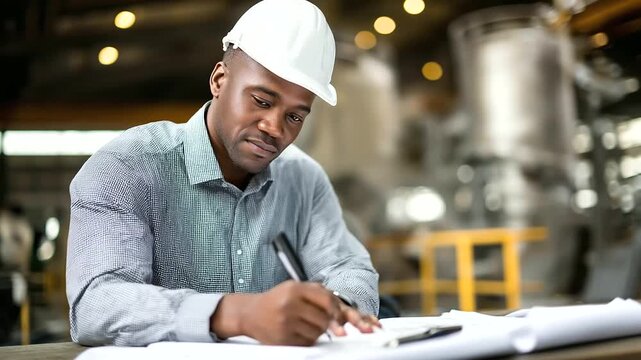 Faceless focused worker inspecting blueprints in industrial setting, technical documentation review, manufacturing planning scene, with copy space