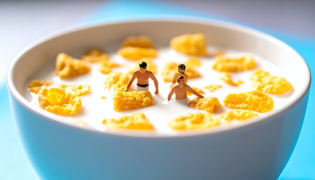 Tiny miniature swimmer figures splashing inside a bowl of fresh milk filled with crunchy cornflakes cereal