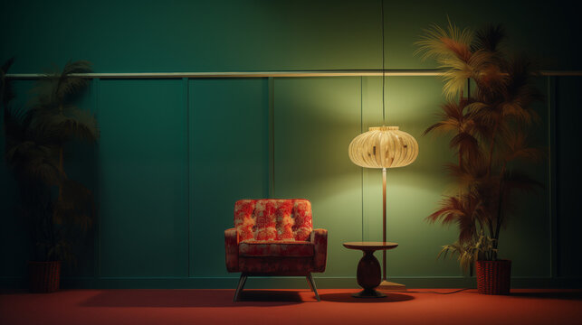 Int&eacute;rieur vintage vert avec fauteuil et lampe r&eacute;tro