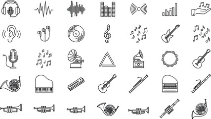 Music icons, sound waveforms, audio equipment, headphones, instruments, microphone, vinyl record, treble clef, musical notes, equalizer bars, acoustic guitar, piano, trumpet, flute, harmonica  © Jamal