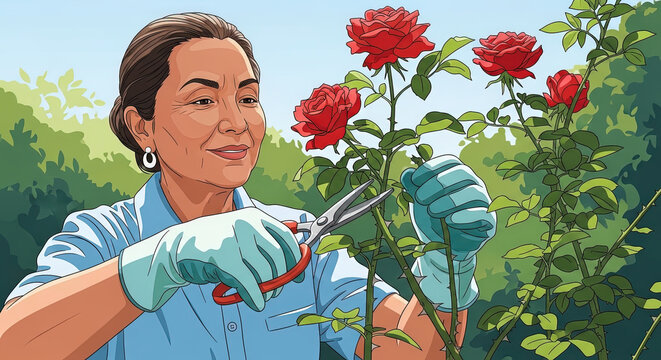 Woman pruning red roses in garden with gloves and scissors  