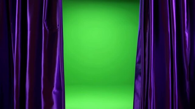 Curtains purple satin with high-gloss finish and bright green background featuring luxurious, drapes, stage with theater and performance elements for