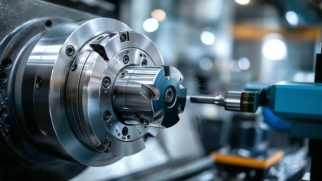 Industrial machine machining metal part in factory, automated manufacturing process, precision metalworking operation, with copy space
