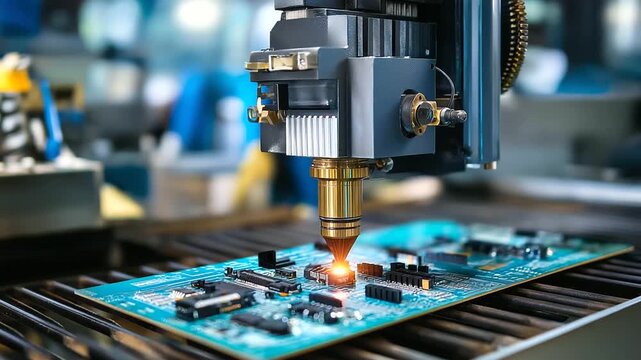 Industrial laser cutting machine precisely cutting circuit board in factory, automated fabrication technology, electronics manufacturing, with copy space