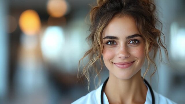 Radiant Professional: A close-up shot of a poised individual, exuding confidence and a warm smile, likely a medical professional. 