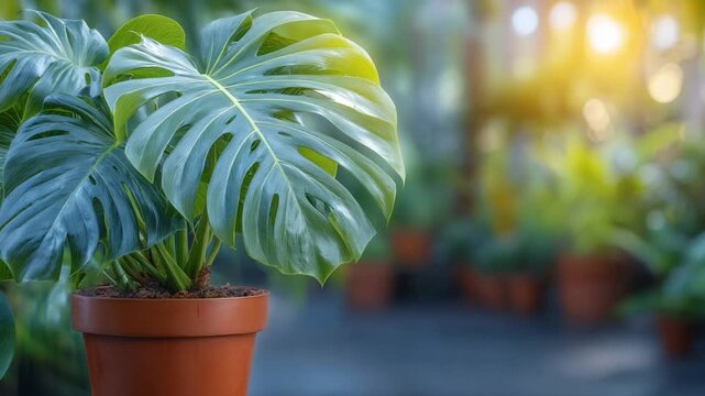 Monstera Plant in the Sunlight: A close-up showcases a vibrant Monstera plant, its iconic split leaves illuminated by the warm sunlight.