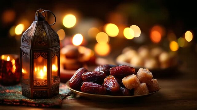Lantern with dates and sweets festive still life, religious celebration arrangement, spiritual observance display, traditional food presentation, holiday decorative scene,