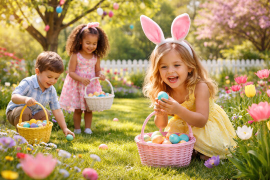 Fr&ouml;hliche Kinder bei der Ostereiersuche im sonnigen Fr&uuml;hlingsgarten. Zwei M&auml;dchen und ein Junge sammeln bunte Ostereier in K&ouml;rben zwischen bl&uuml;henden Blumen und gr&uuml;nem Rasen. Ein M&auml;dchen tr&auml;gt Hasenohr