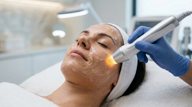 Close-up of a woman receiving a facial skin rejuvenation treatment with a modern cosmetic device in a beauty clinic, professional aesthetic procedure and skincare