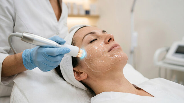Close-up of a woman receiving a facial skin rejuvenation treatment with a modern cosmetic device in a beauty clinic, professional aesthetic procedure and skincare