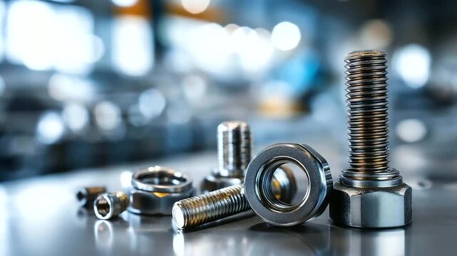Metal nuts and bolts on workbench close-up, mechanical parts detail, hardware components in workshop, with copy space