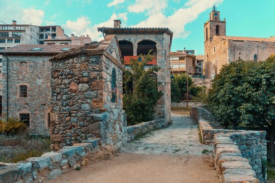 View from the bridge of the church of Sant Esteve in the medieval village of Bag&aacute;, Barcelona, Spain.