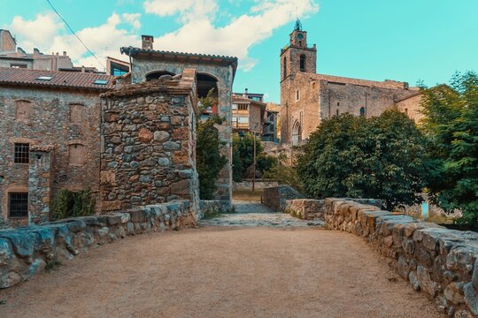 View from the bridge of the church of Sant Esteve in the medieval village of Bag&aacute;, Barcelona, Spain.