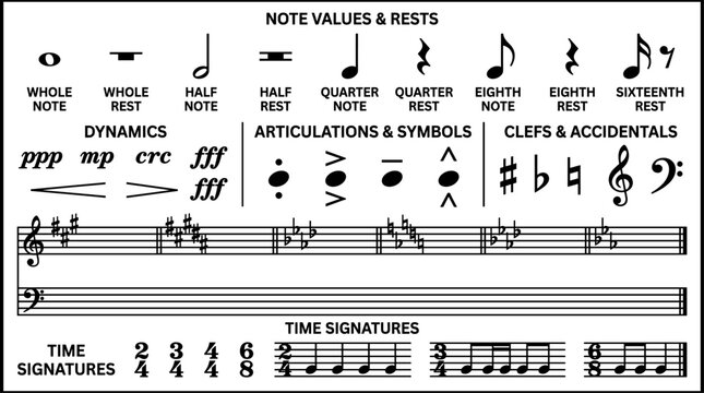 Musical notation symbol chart vector illustration featuring notes, rests, dynamics, articulations, clefs, accidentals, and time signatures