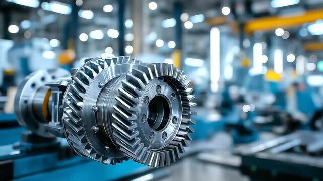 Precision gear assembly in workshop with defocused advanced machinery background, engineering components in production setting, with copy space