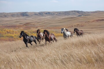 Fototapeta premium vast prairie landscape with wild horses running free