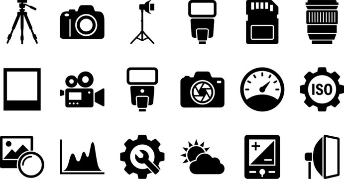 Photography and videography icon set vector illustration featuring 20 designs with cameras, tripods, lenses, lights, and editing tools
