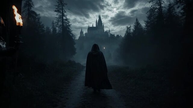 A hooded figure walks down a dark forest path towards a castle in the distance, lit by torches on either side, under a stormy night sky
