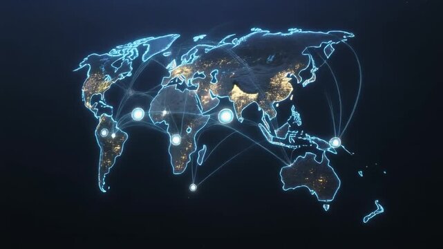 Global connections and international network on world map with lines and dots