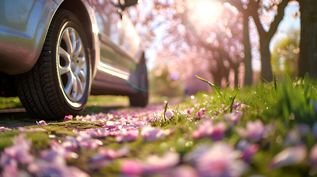 Spring serenity: car parked on a sunlit path with cherry blossoms
