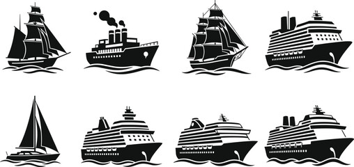 Ships and boats collection sailing ship cargo vessel cruise liner yacht maritime transport sea travel silhouette vector illustration © Mortuza Samiha