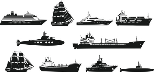 Ships and boats silhouette collection cargo ship yacht submarine sailing vessel cruise liner maritime transport vector illustration set © Mortuza Samiha