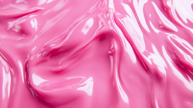 Photorealistic neon pink slime spreading organically on a solid pastel background, macro top view. Glossy viscous texture with smooth edges and subtle reflections under studio lighting.