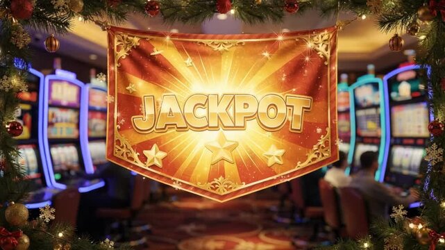 Focused medium shot on a sparkling jackpot banner featuring holiday decorations with blurred slot machines and patrons adding depth and festive excitement to the scene.