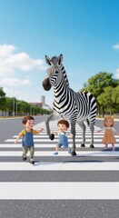 Fototapeta premium Three kids and a zebra walking on crosswalk, for road safety education concept. Traffic rules illustration for children.
