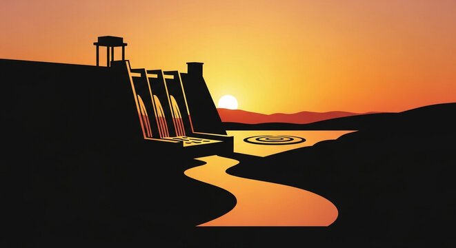 A dam with a sunset in the background