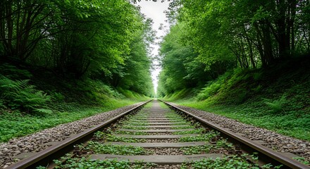 Fototapeta premium Old abandoned railway tracks leading through lush green forest tunnel in summer nature landscape