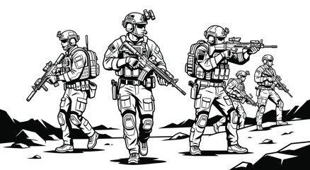 Obraz premium Elite Team on Duty: An illustration captures an elite squad of soldiers, clad in tactical gear and armed with weapons, demonstrating readiness and precision in a high-stakes environment.