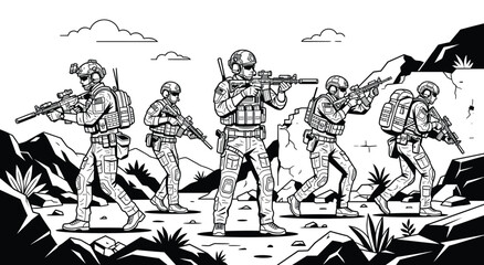 Obraz premium Military Formation in Combat: A group of armed soldiers advance cautiously through a rugged terrain, their focused expressions conveying determination and their readiness for battle.