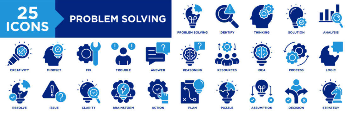 problem solving icon set collection. icon pack contain solution, logic, strategy, thinking, decision, process, analysis, creativity, mindset, reasoning, idea, trouble, fix, issue