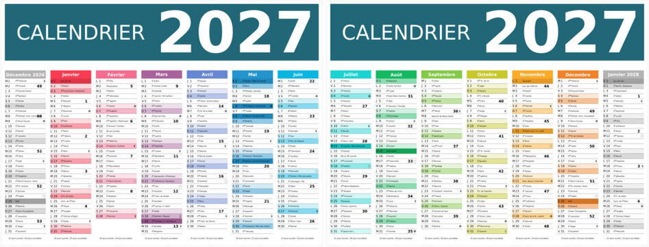 Calendrier 2027 14 mois au format 320 x 420 mm recto verso enti&egrave;rement modifiable via calques et texte sans serif