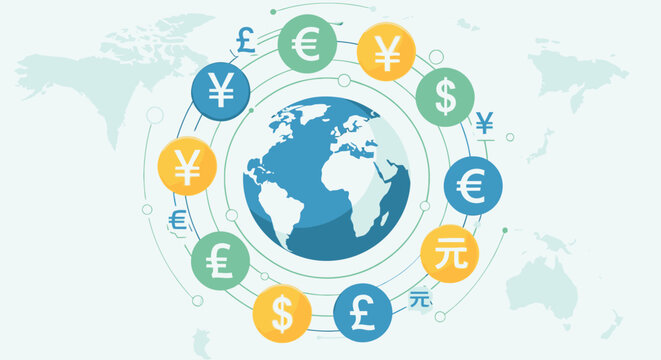 Global Currency Exchange and International Finance with World Map Background